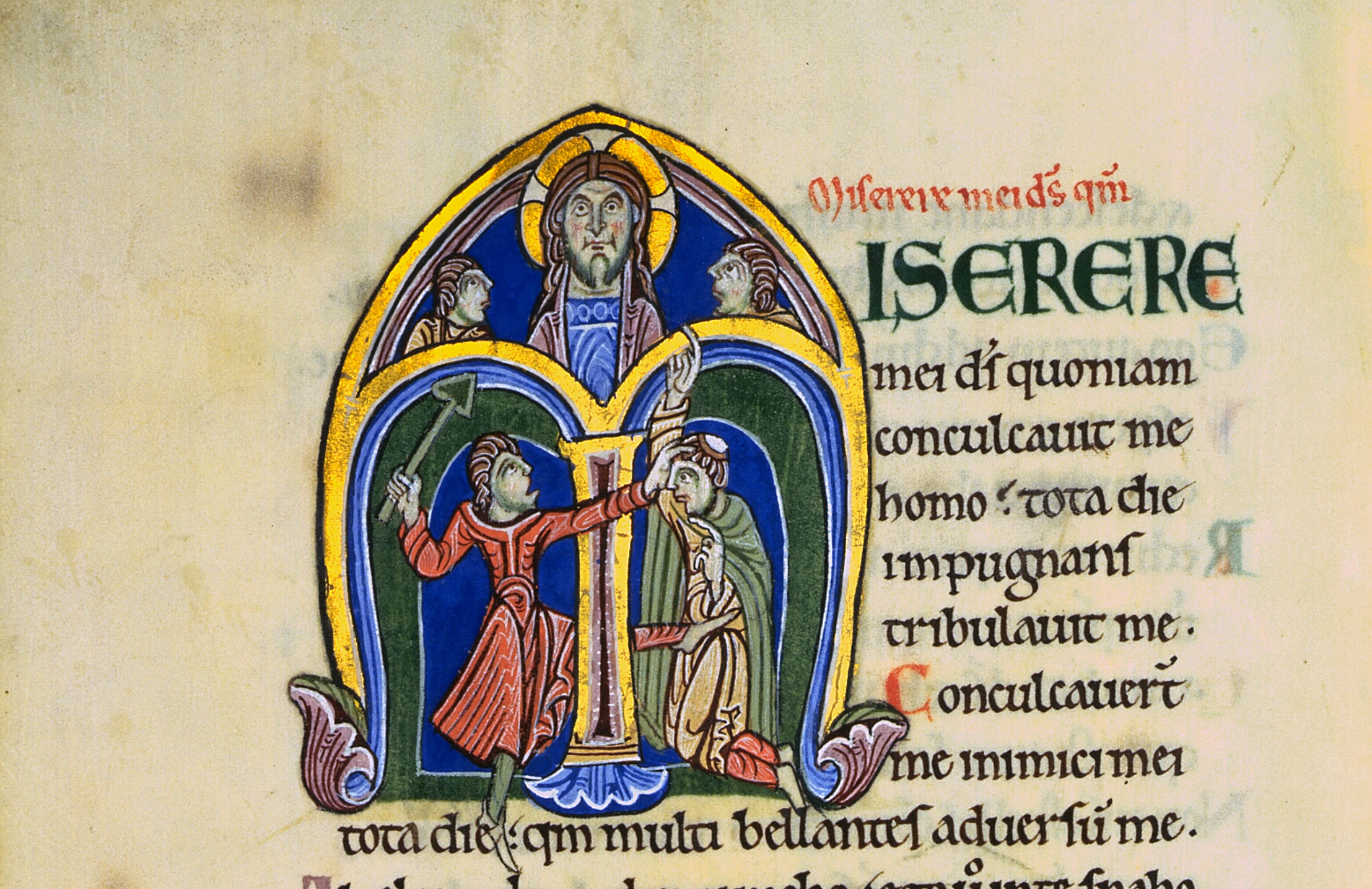 Initiale zu Psalm 55 aus dem St. Albans Psalter: Ein gewalttätiger Angreifer tritt und schlägt einen demütig knienden Mann mit Tonsur, der Gott um Gnade anfleht: «Erbarme dich meiner, Gott, denn der Mensch hat mich mit Füssen getreten.»